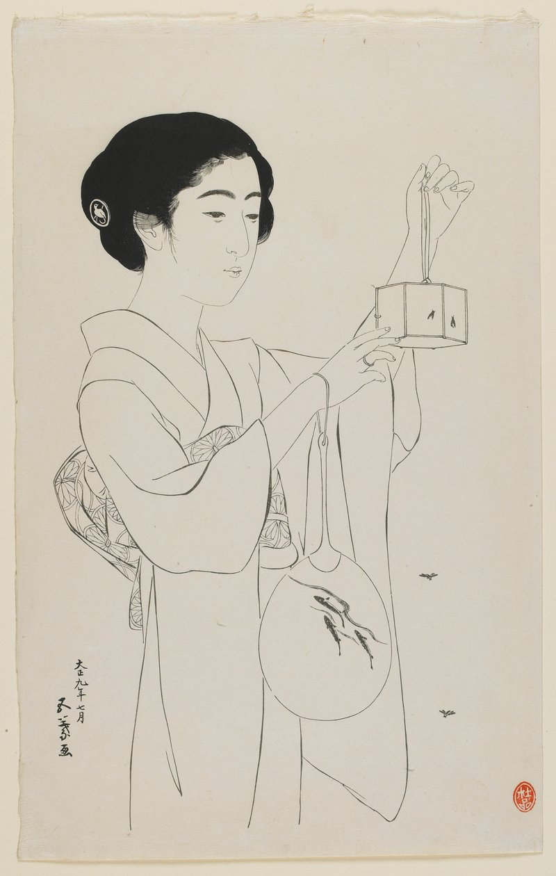 Mulher, segurando, um, Firefly, gaiola, Taisho, era, julho, 1920, (woodblock, print) de Goyo Hashiguchi