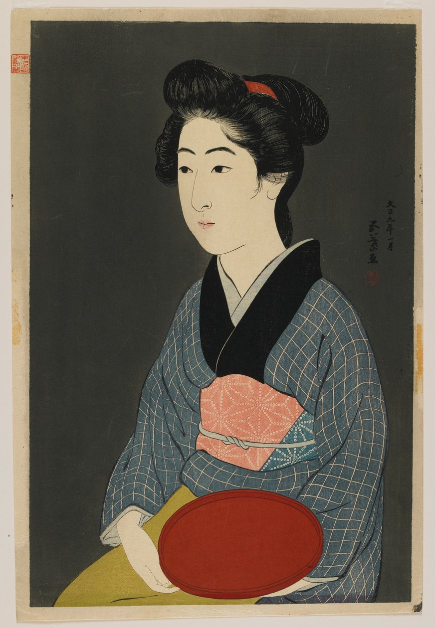 Mulher, segurando, um, bandeja, Taisho, era, janeiro, 1920, (woodblock, impressão cor) de Goyo Hashiguchi
