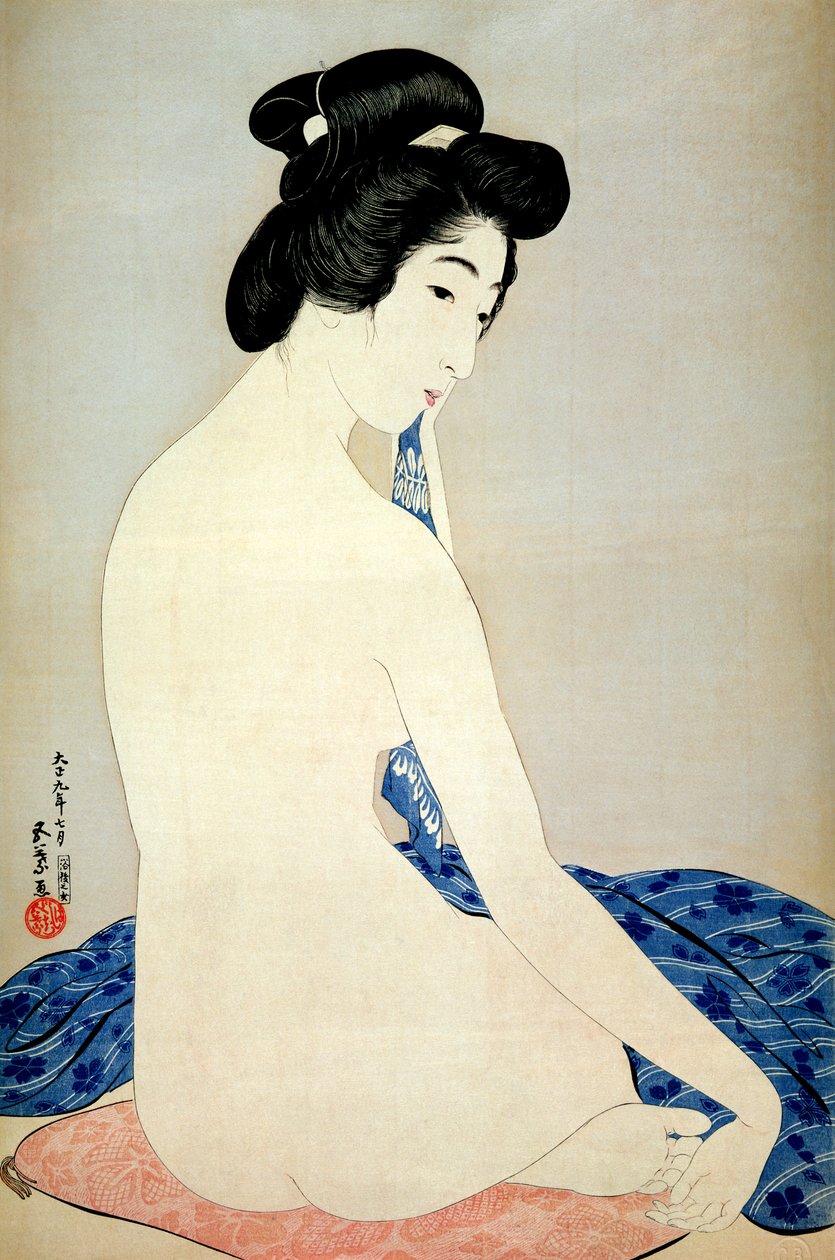 Mulher após o banho, publicado por Shosaburo Watanabe, 1920, (impressão em xilogravura a cores) de Goyo Hashiguchi