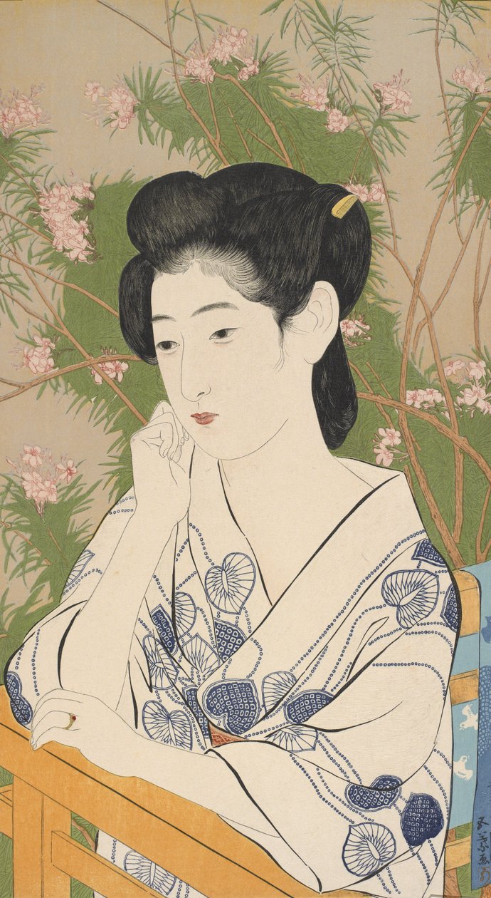 Mulher, em, um, primavera quente, hotel, 1920, (woodblock, print) de Goyo Hashiguchi