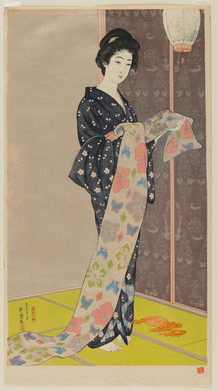 Mulher em um quimono de verão (Kaso nenhum musume) Era de Taisho, agosto 1920 (impressão de woodblock de cor) de Goyo Hashiguchi