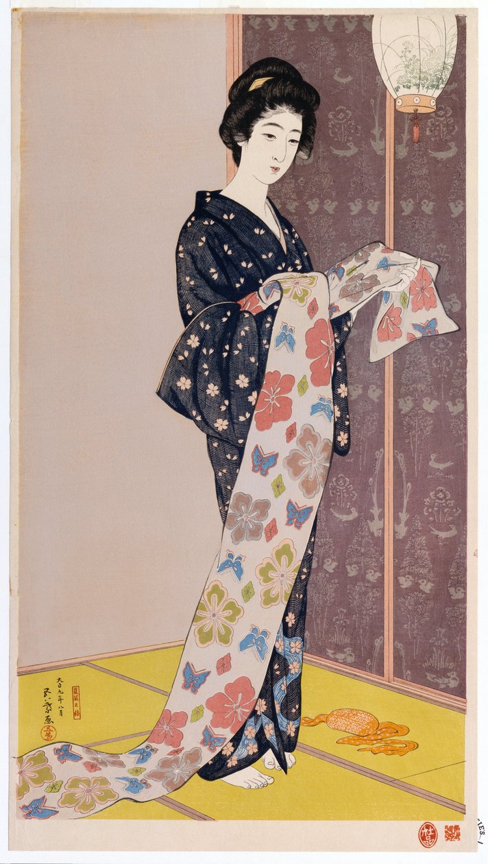 Jovem mulher em um quimono de verão, 1920 de Goyo Hashiguchi