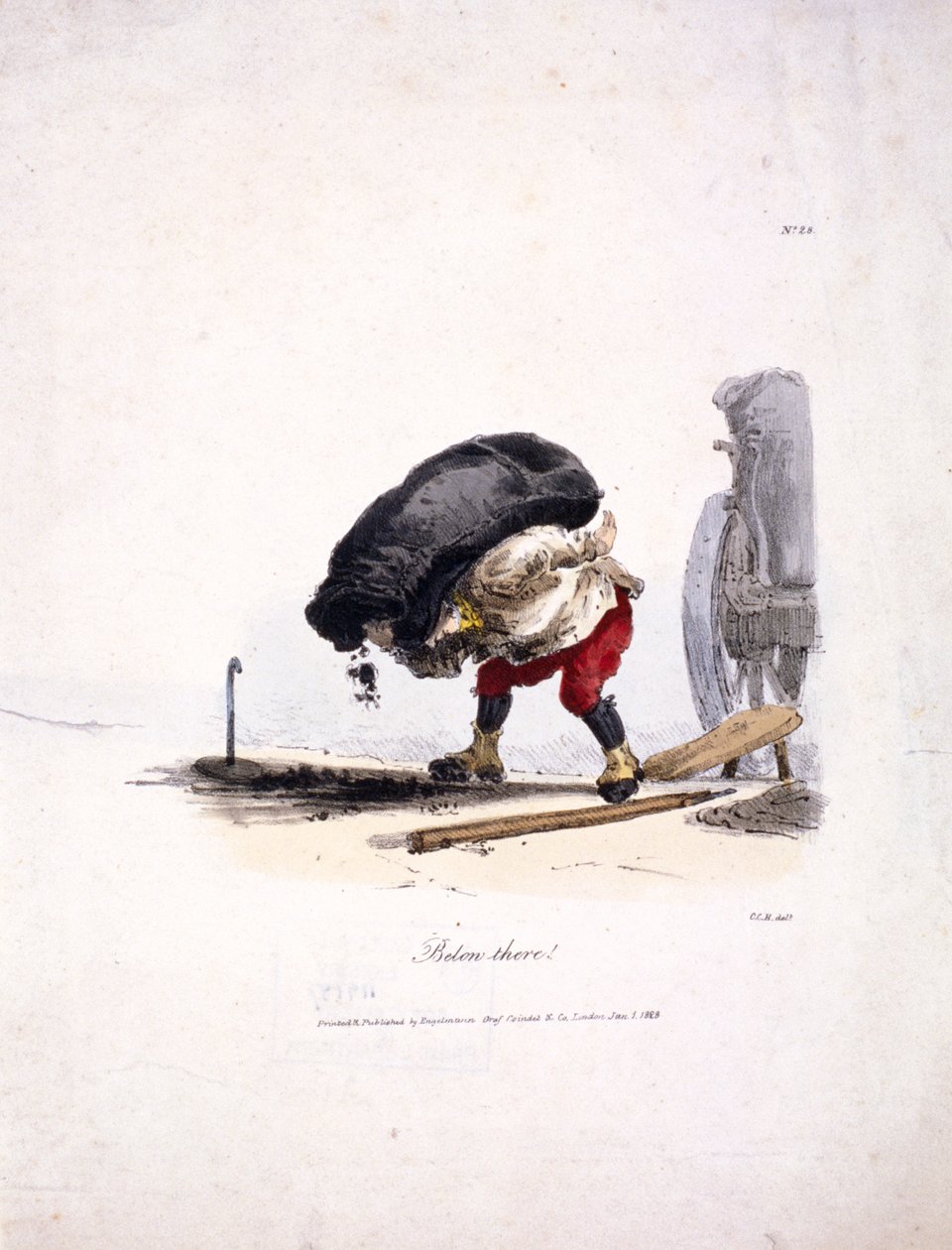 Vista de um carvoeiro removendo um pesado saco de carvão de seu carrinho, 1828 de Graf Engelmann Coindet and Company