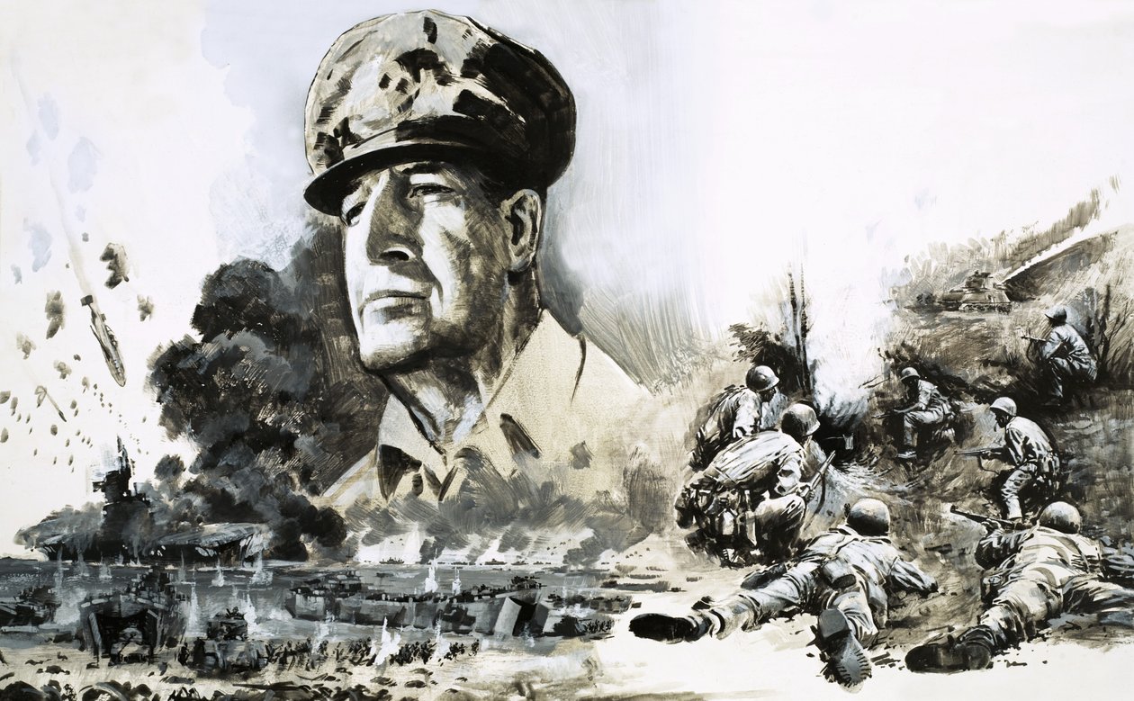 Douglas MacArthur com cenas do desembarque do Dia D de Graham Coton