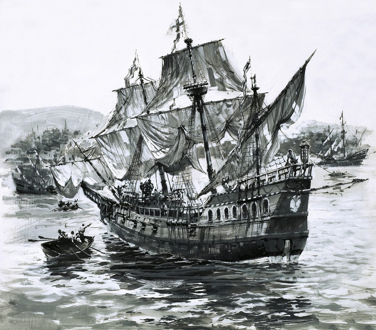 O navio de Drake, o Golden Hind, regressa a Portsmouth com imensas riquezas de Graham Coton