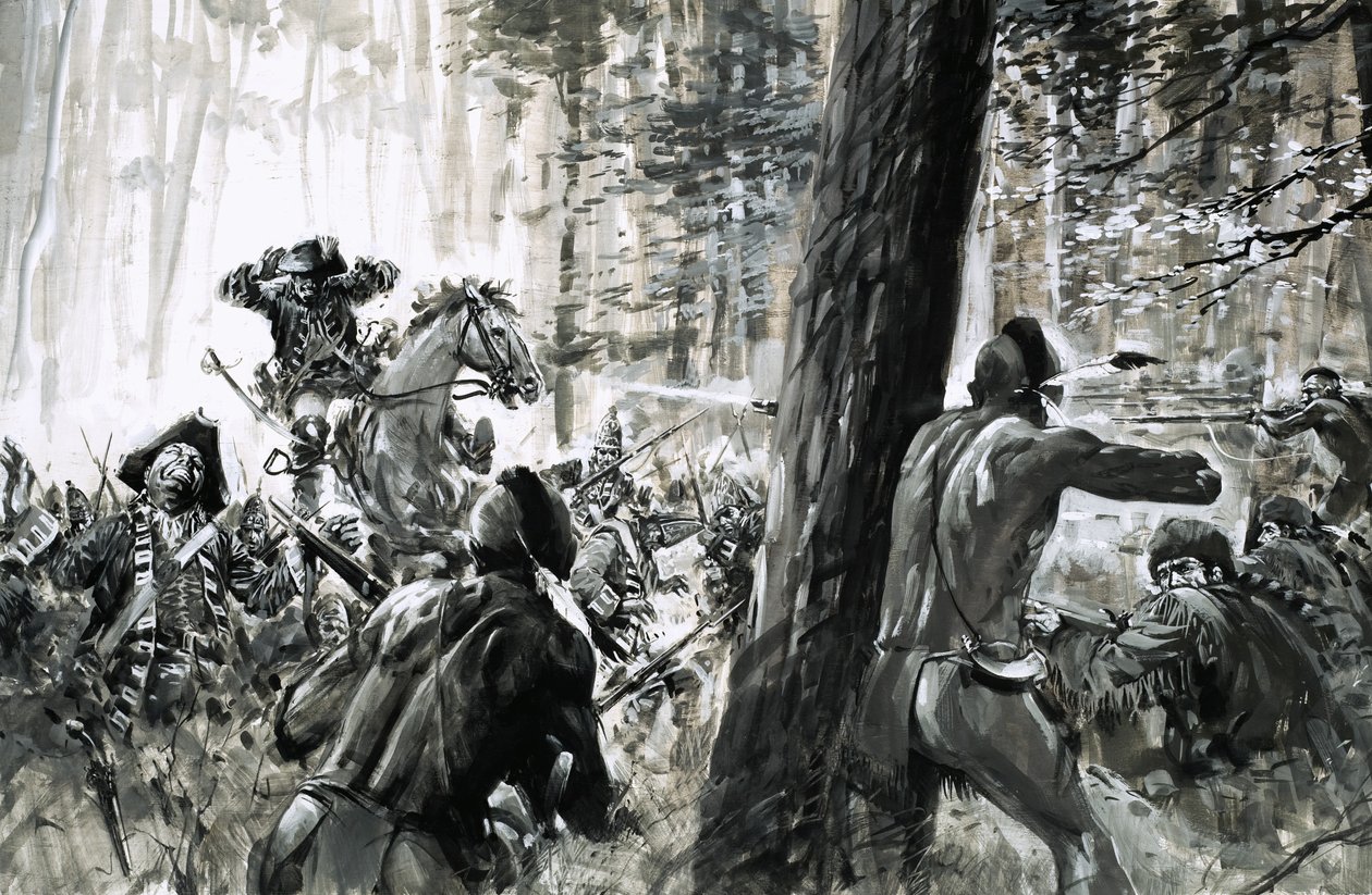 Em 1765, o general Edward Braddock foi emboscado por soldados franceses e índios canadianos ferozes de Graham Coton