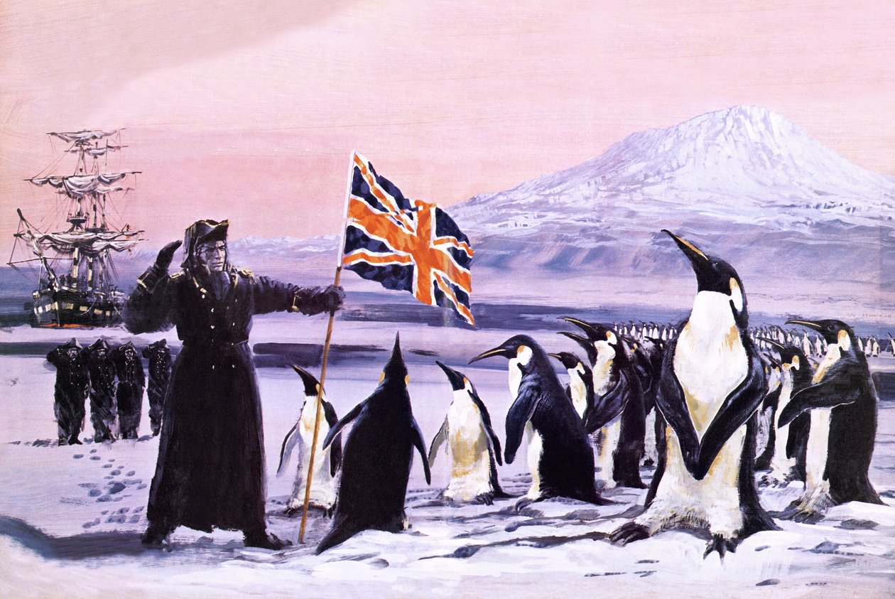 James Clark Ross plantando a Union Jack no gelo antártico em 1840 de Graham Coton