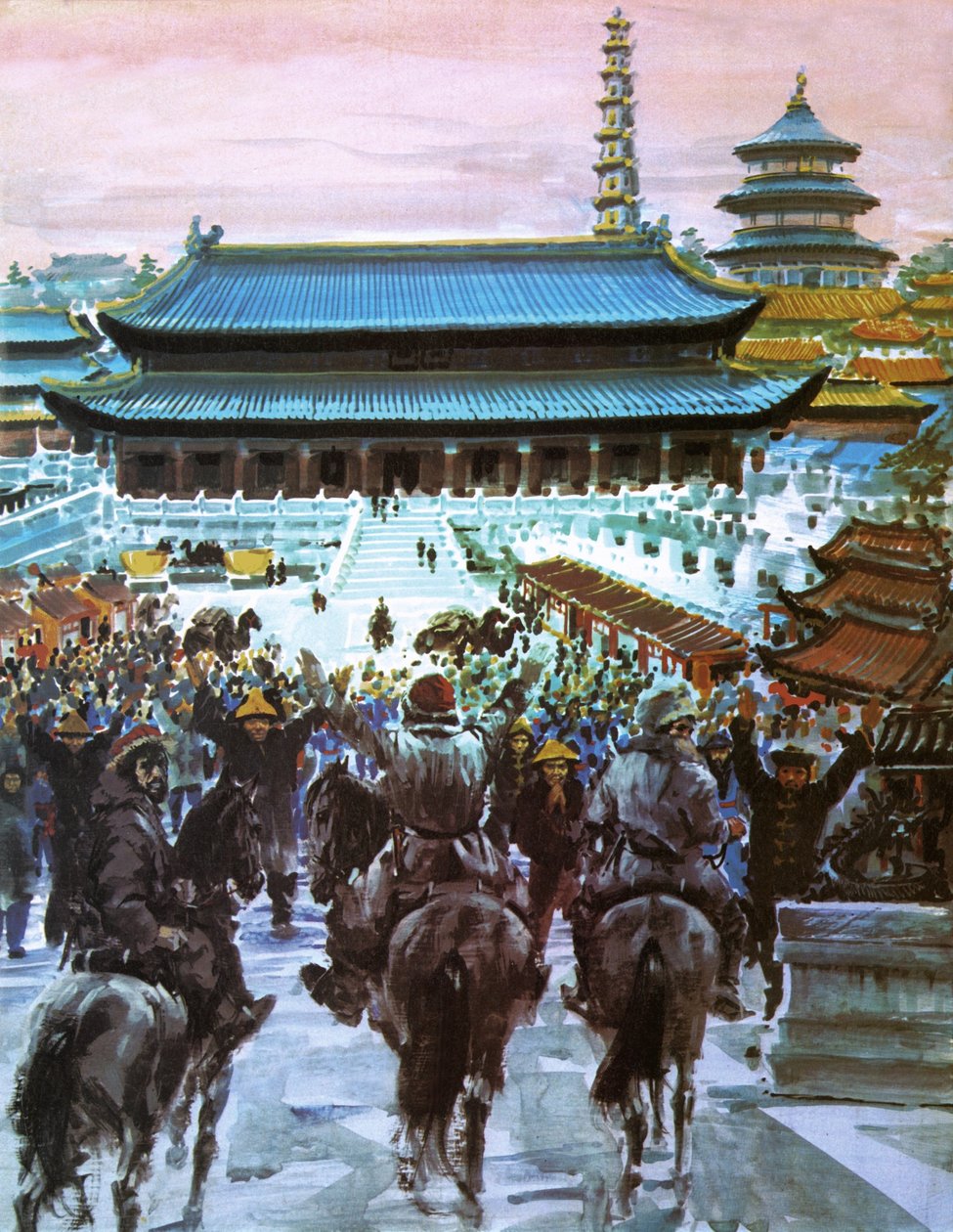 Marco Polo, com o pai e o tio, aproximando-se do palácio do Grande Khan, século XX (litografia) de Graham Coton