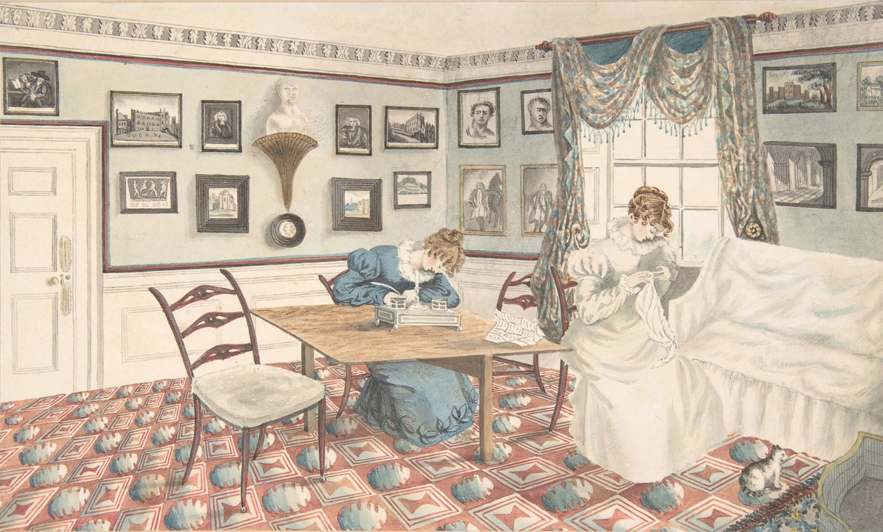 Duas jovens mulheres escrevendo e costurando em um interior em Hatton, Warwickshire, 1820-30. de Granddaughters of Dr. Samuel Parr.