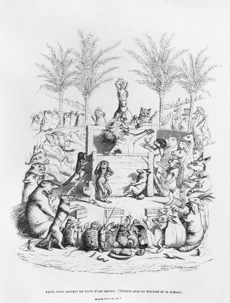 "Depois de tomar um copo de água açucarada, o famoso orador desce da plataforma", ilustração de "Cenas de la Vie Privée et Publique des Animaux" de Grandville
