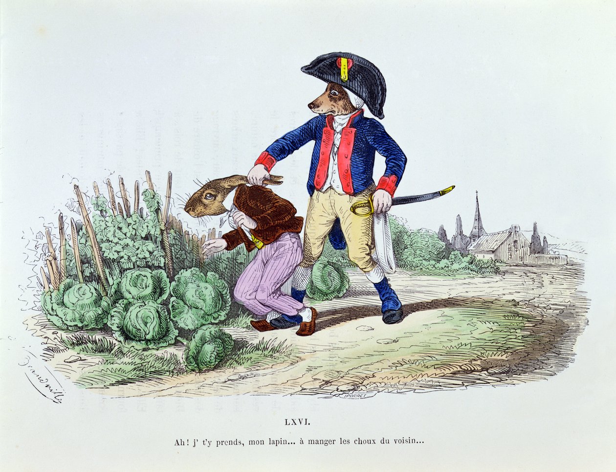 &39;Aha! Meu coelho, eu peguei você comendo seus repolhos vizinhos ... &39;, caricatura da série&39; Les Metamorphoses du Jour &39;, reimpressa em 1854 de Grandville