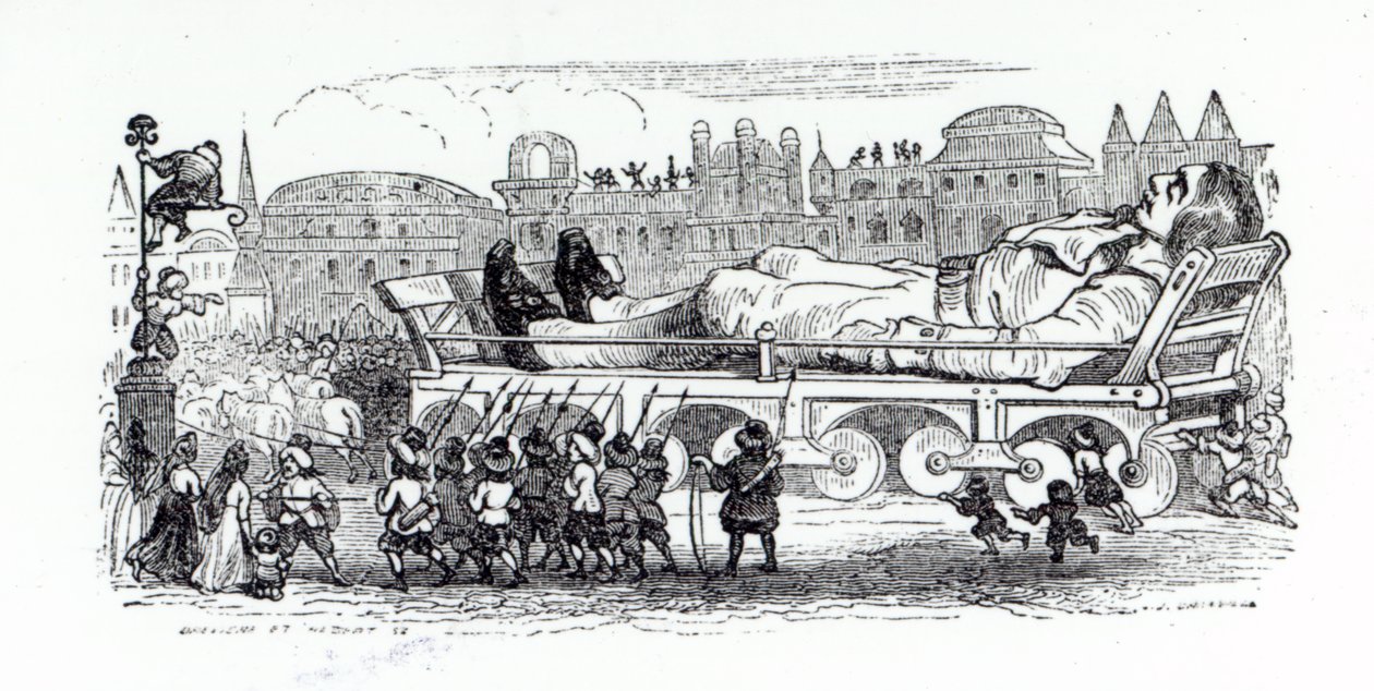 Gulliver sendo transportado para a capital liliputiana, uma ilustração de "Viagens de Gulliver" por Jonathan Swift, 1838 de Grandville