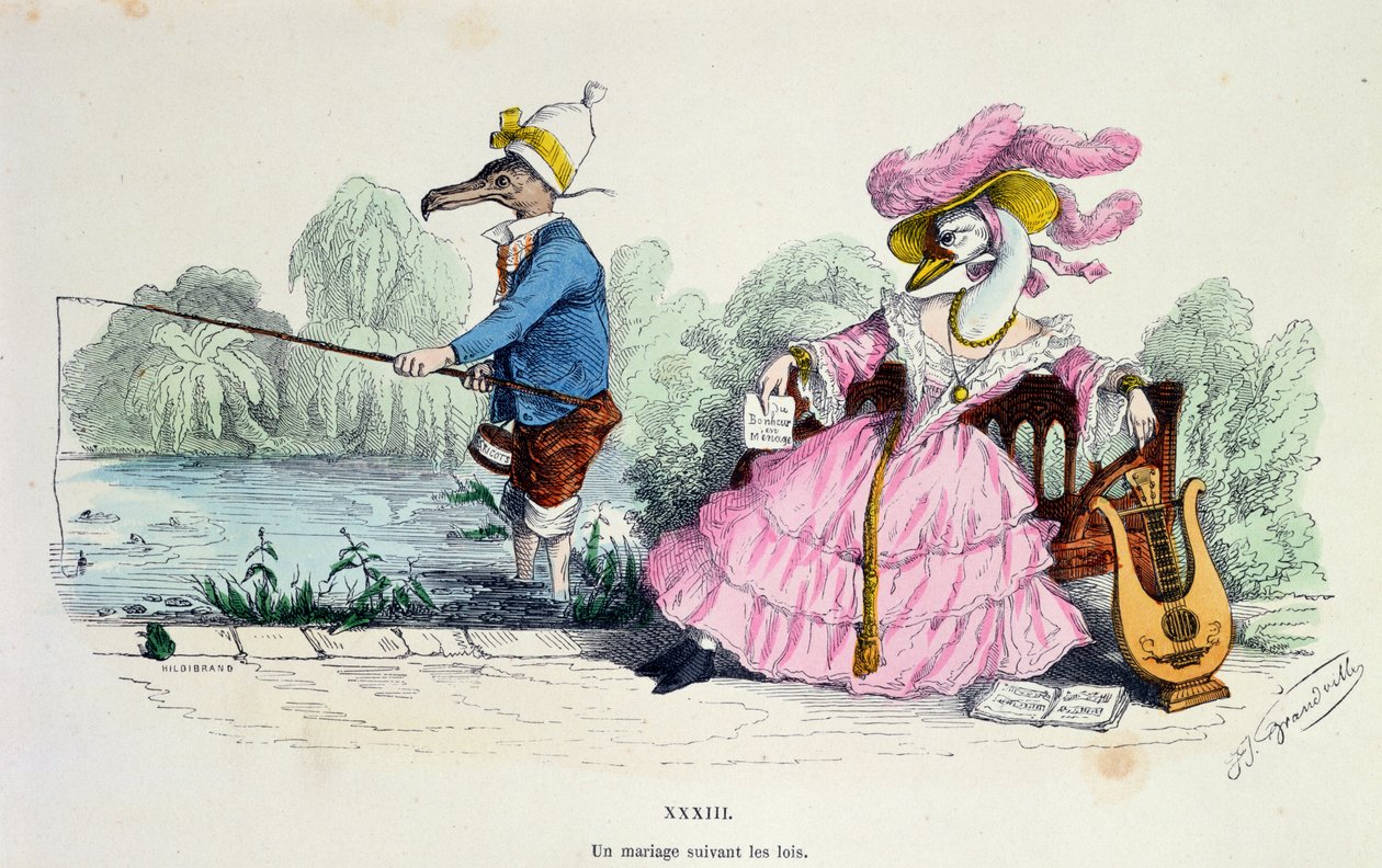 Casamento pelo Livro, caricatura da série &39;Les Metamorphoses du Jour&39;, reimpressa em 1854 (ver também 213938) de Grandville