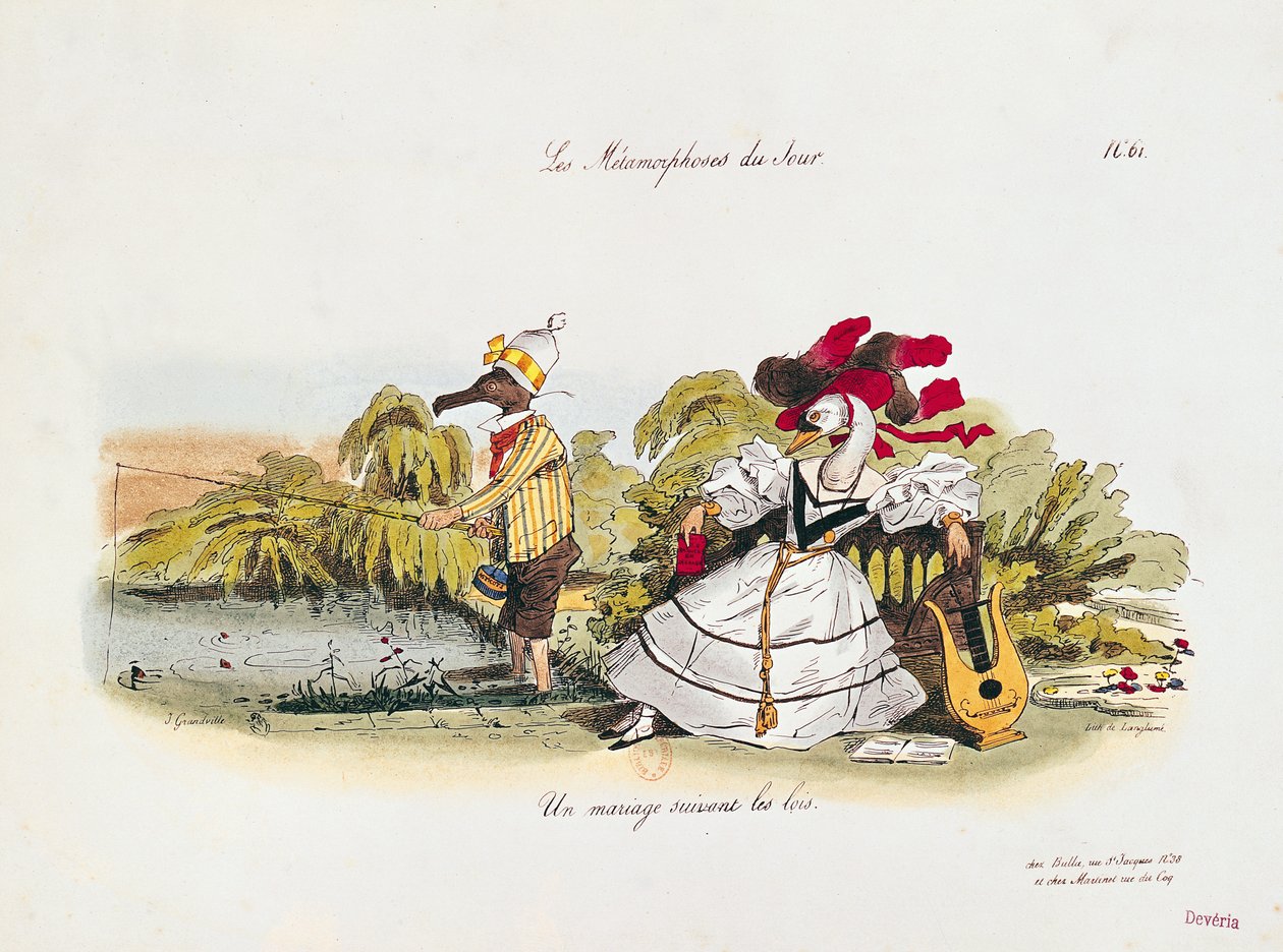Casamento pelo Livro, caricatura da série &39;Les Metamorphoses du Jour&39;, gravada por G. Langlume (1822-40) (ver também 177458) de Grandville