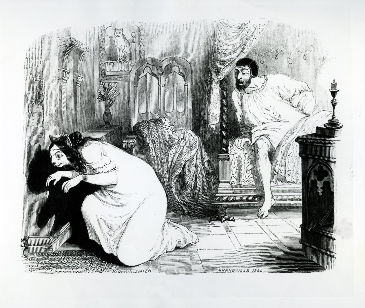 O gato transformou-se em uma mulher, ilustração para &39;fábulas&39; de La Fontaine, publicado por H. Fournier Aine, 1838 de Grandville