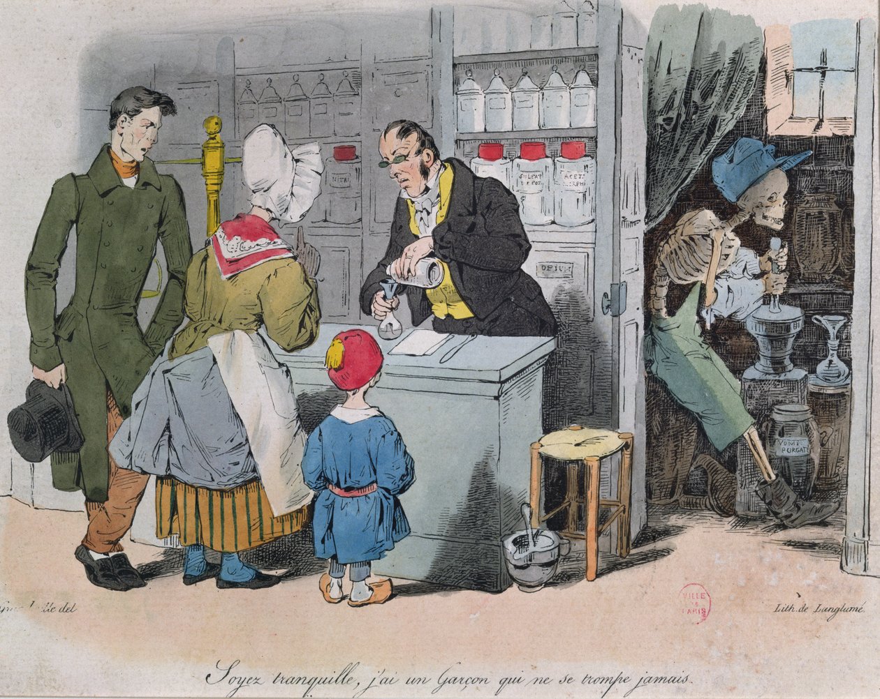 O farmacêutico e seu assistente, gravado por Langlume, c.1840 de Grandville