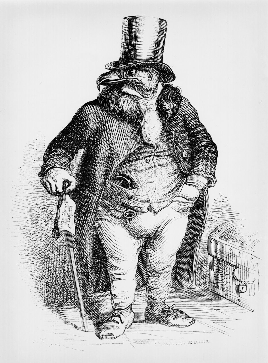 O Titular como Sir Vulture, caricatura de &39;Private and Public Life of Animals&39;, publicado em 1867 de Grandville