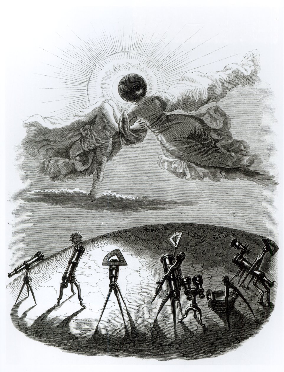 "O sol abraça a lua: Eclipse do Sol", ilustração de "Un Autre Monde", publicada por H. Fournier em Paris em 1844 de Grandville