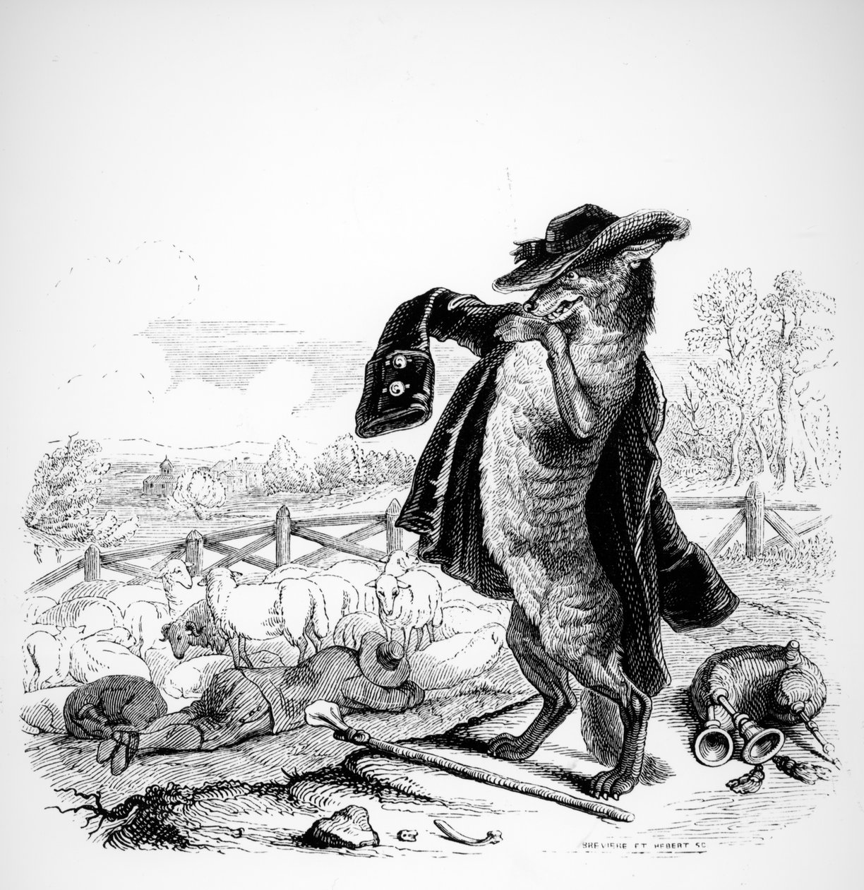 O lobo virou pastor, ilustração para &39;fábulas&39; de La Fontaine (1621-95), publicado por H. Fournier Aine, 1838 de Grandville
