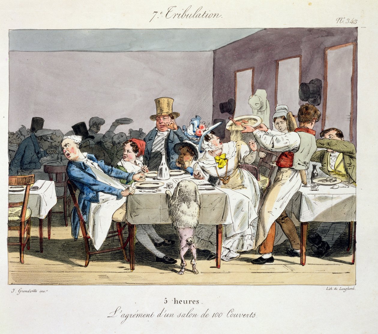 O restaurante de cem lugares: 5 horas, de &39;Domingos de Paris Bourgeois&39;, gravado por Langland, publicado em 1826 de Grandville