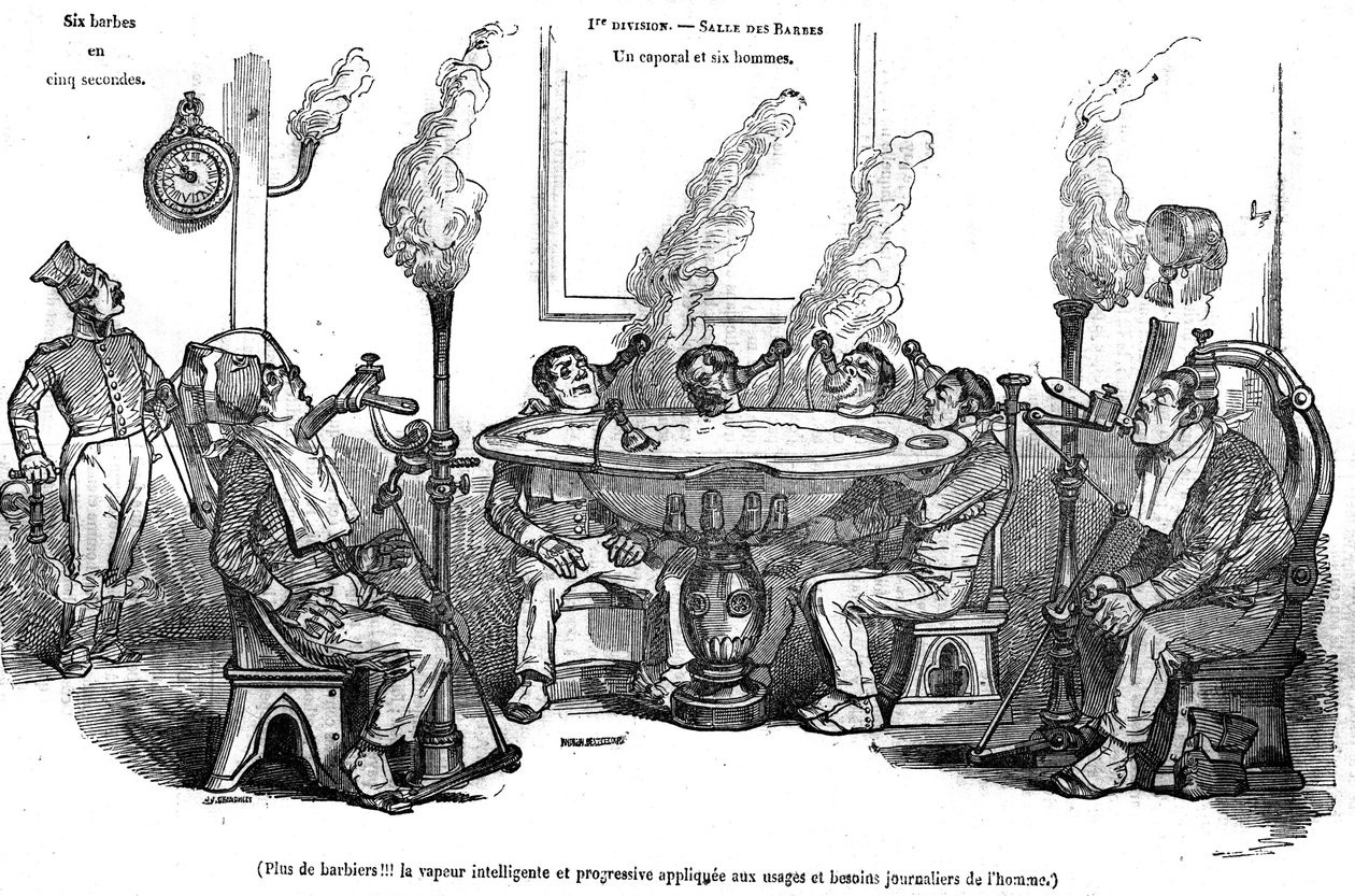 Desenho animado de Grandville retratando um cabo e seus homens na Salle des Barbes sentados com uma máquina a vapor raspando-os sem a ajuda de um barbeiro. Em "A pitoresca loja" 1835 de Grandville