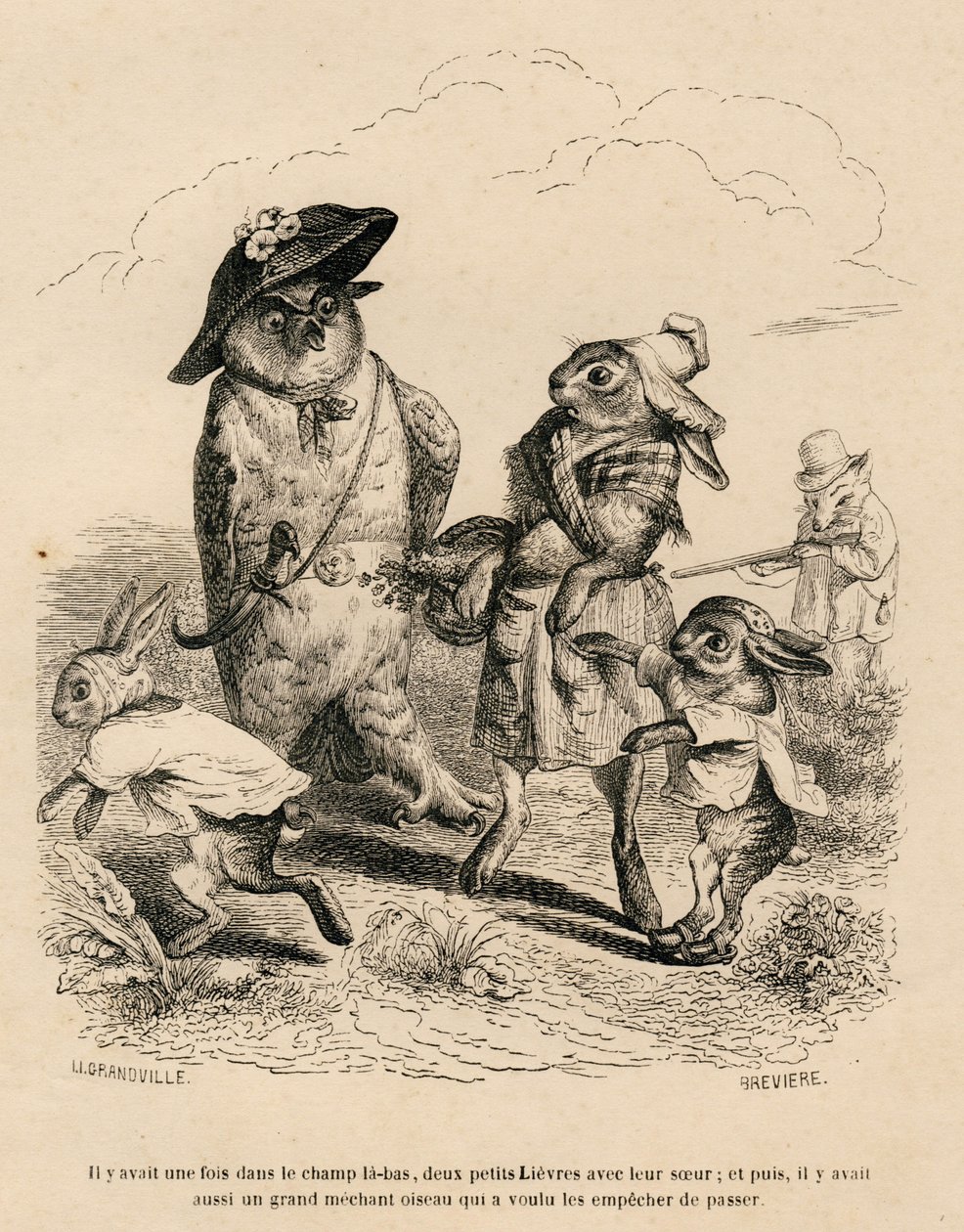 Duas cabrinhas com a irmã mais velha são paradas por uma coruja num campo. Uma raposa de caça está atrás deles. Vinhetas ilustradas por JJ Granville. Gravura assinada Breviere na parte "Histoire d