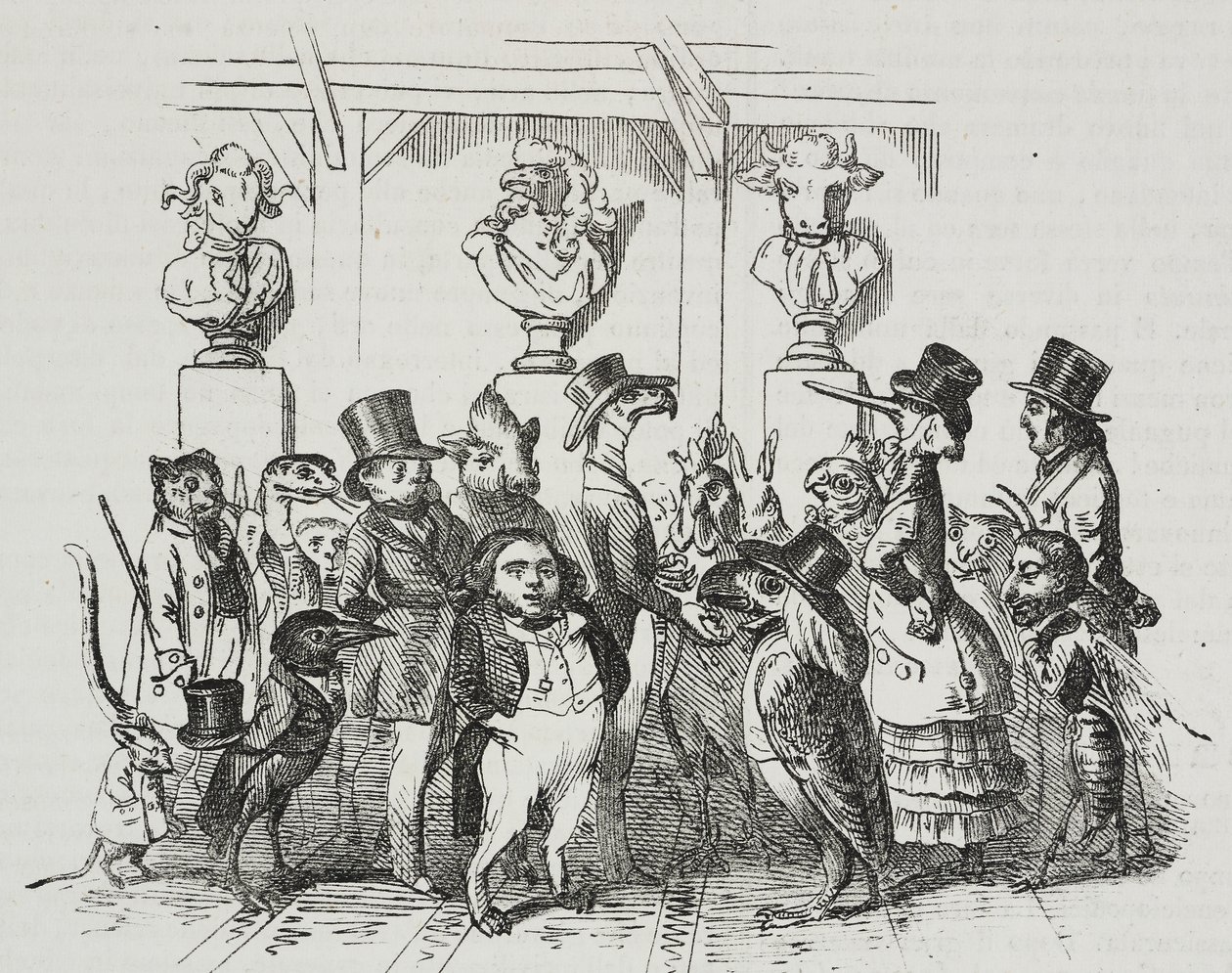 Saída do teatro, caricatura de Jean-Jacques Grandville (1803-1847), litografia de Giovanni Mariani de Poliorama Pittoresco, n 39, 7 de maio de Grandville