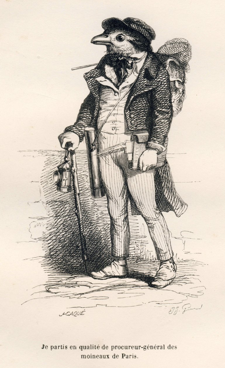 O Procurador Geral dos Sparrows de Paris. Vinhetas ilustradas por JJ Granville. Gravura assinada Caque na parte intitulada "Voyage d