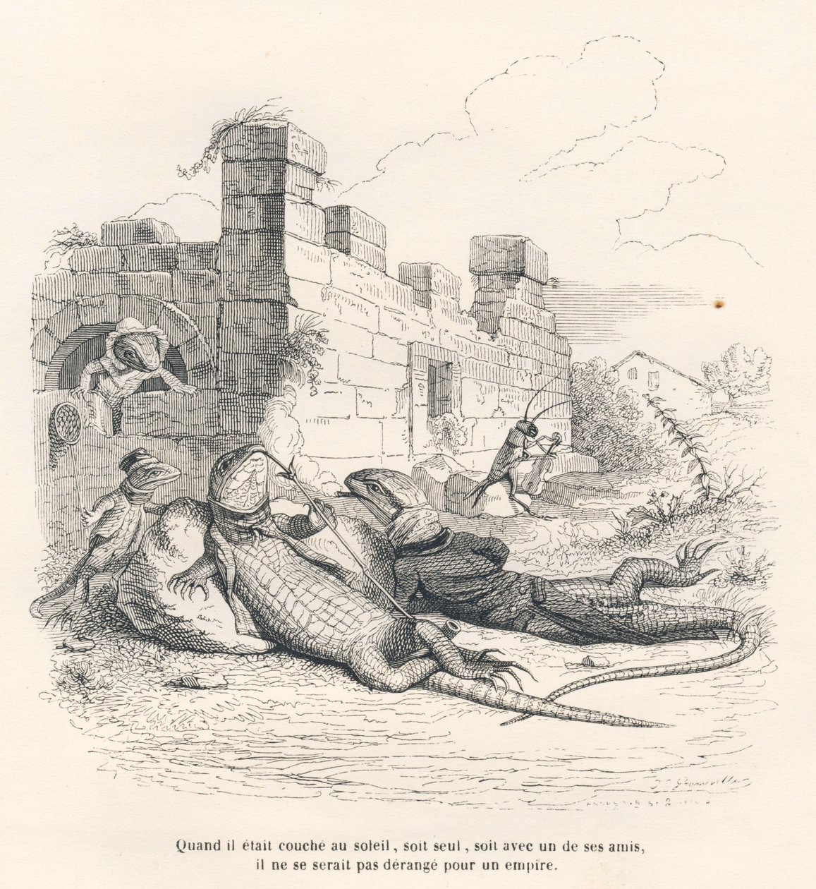 Lagarto a fumar ao sol com um dos seus amigos. Vinhetas ilustradas por JJ Granville. Gravura assinada por Andrew, Best e Leloir na parte intitulada "Souvenirs d