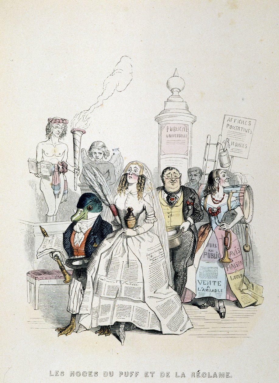 O Casamento do Puff e a Publicidade (cartoon sobre a abundância de publicidade na imprensa) - por Grandville de Grandville
