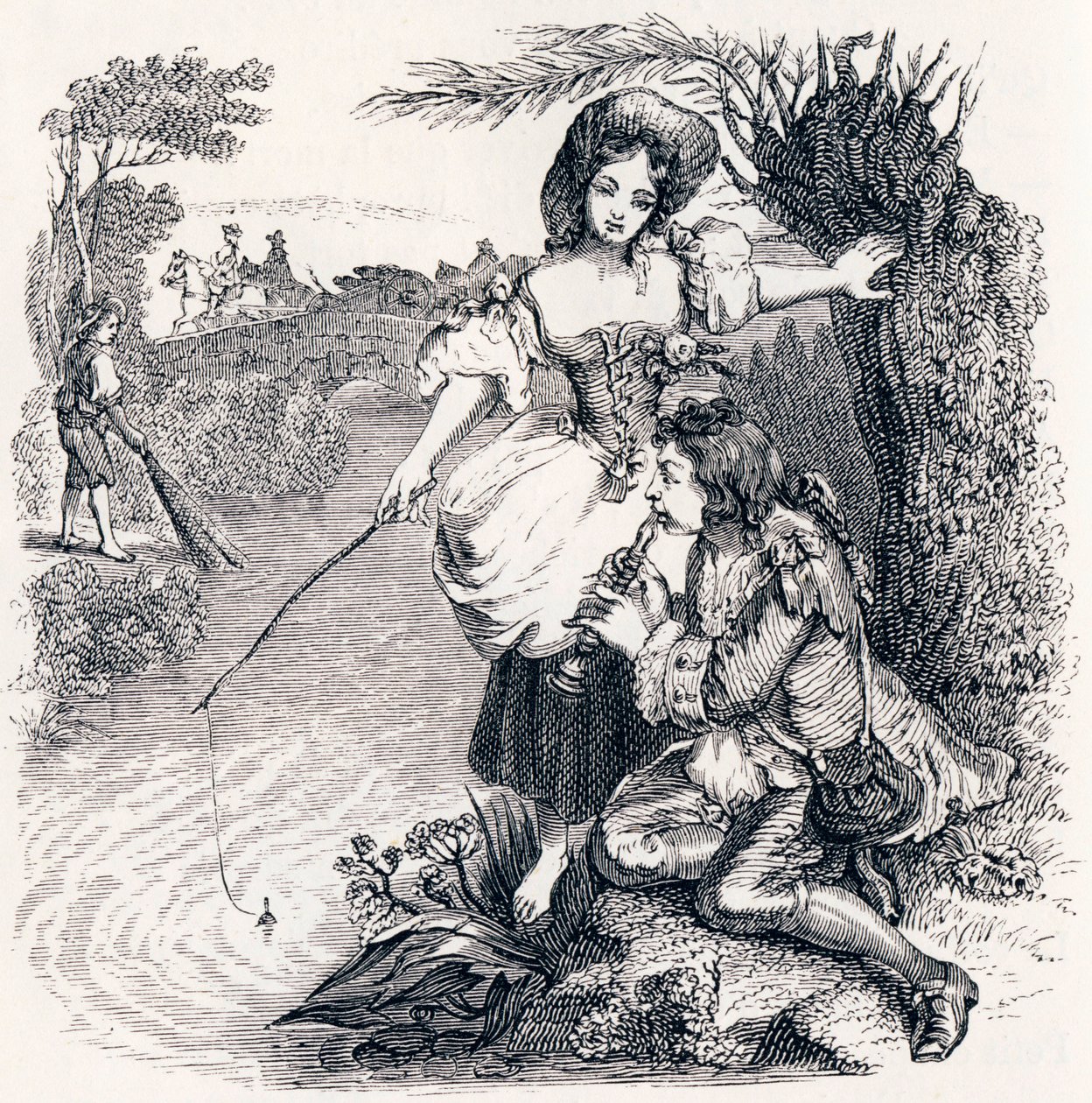 Os peixes e o pastor que toca flauta (Les poissons et le berger qui joue de la flauta) - Fábulas de La Fontaine de Grandville