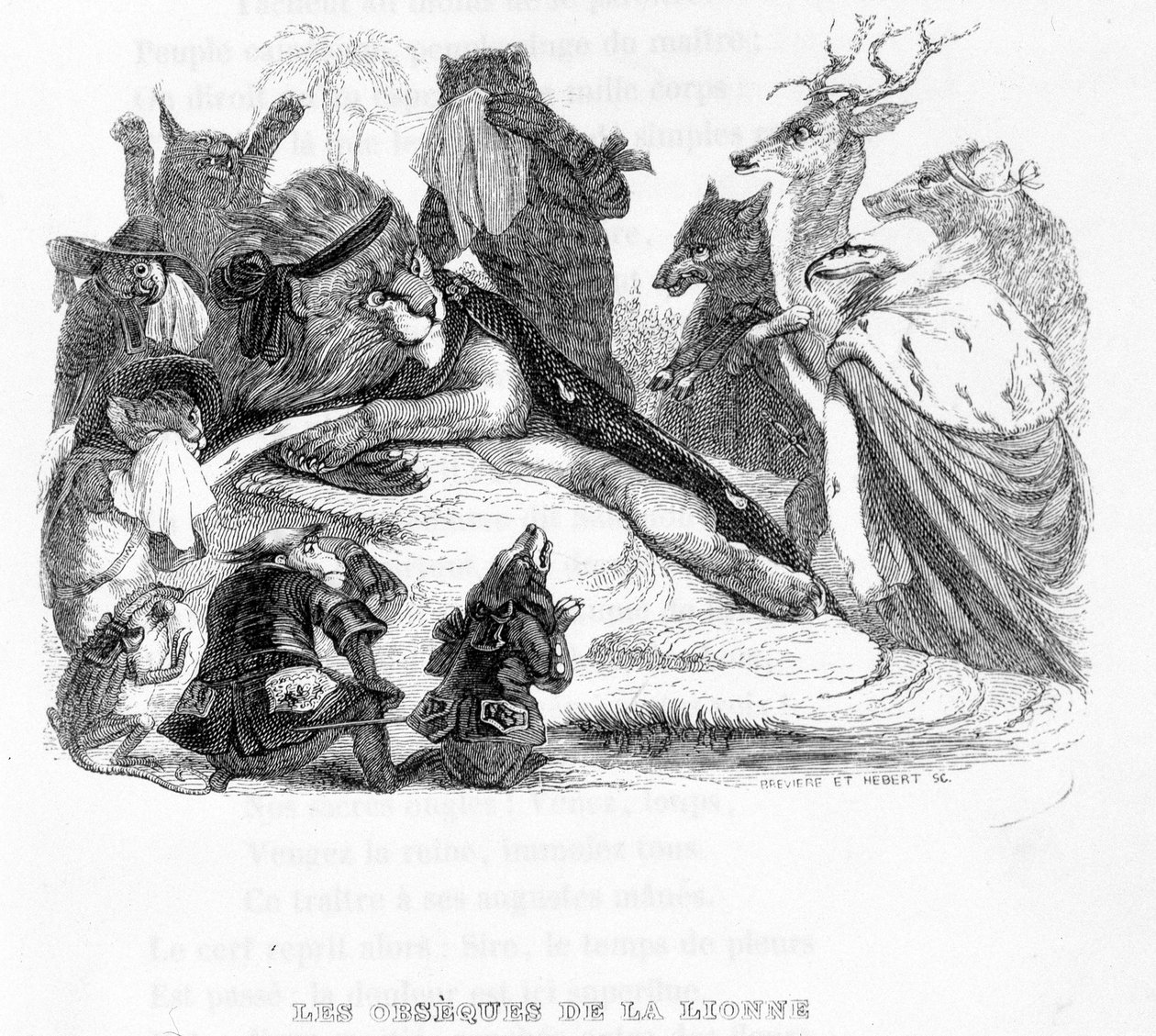 O funeral da leoa - em "Fables de La Fontaine" doente. por Grandville de Grandville