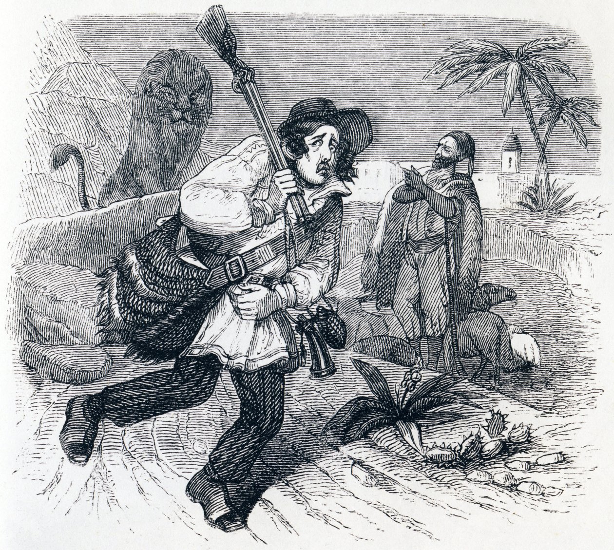 O leão e o caçador - Fábulas de La Fontaine de Grandville