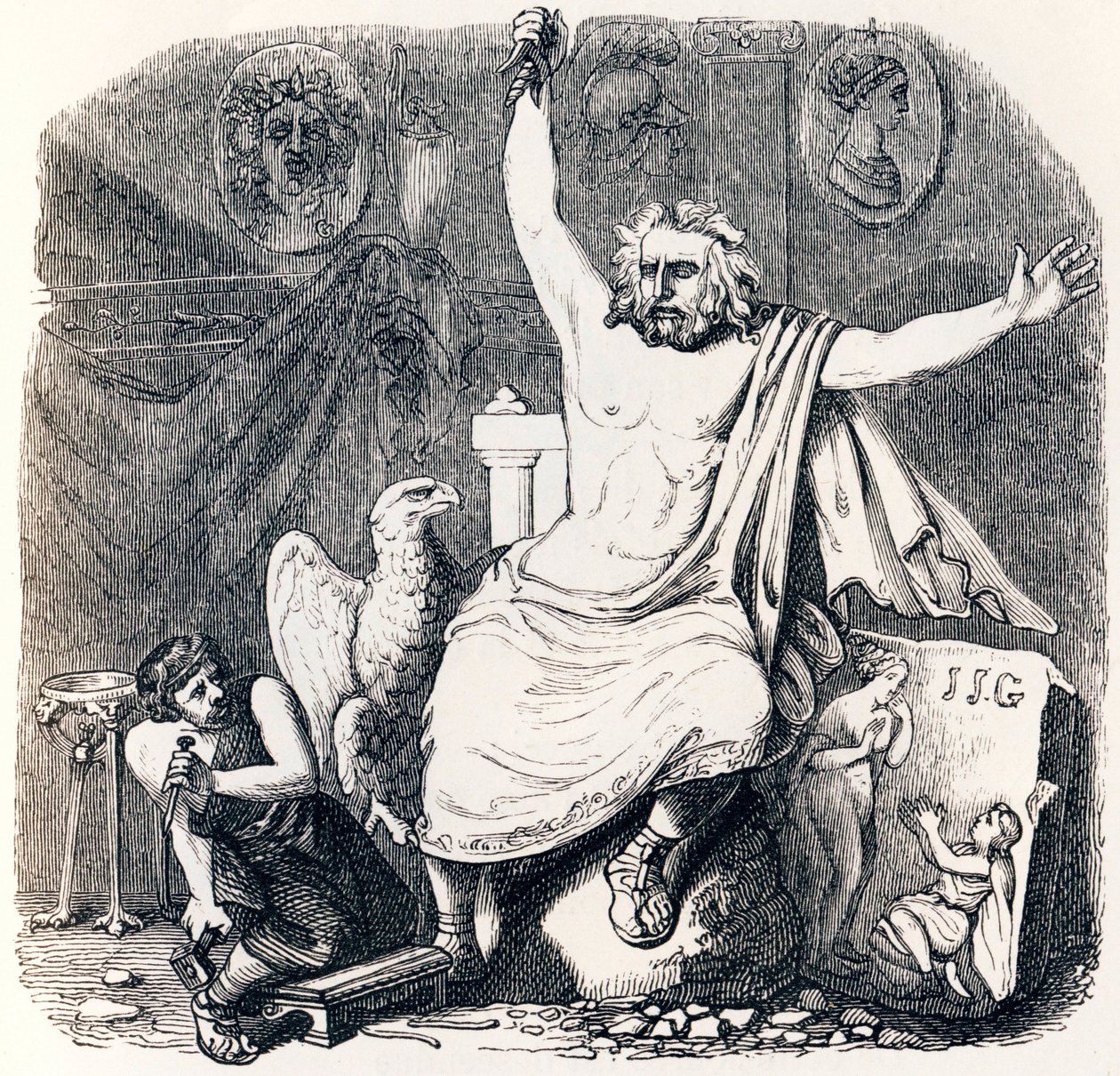 O escultor e a escultura de Júpiter (Le statuaire et la statue de Jupiter) - Fábulas de La Fontaine de Grandville