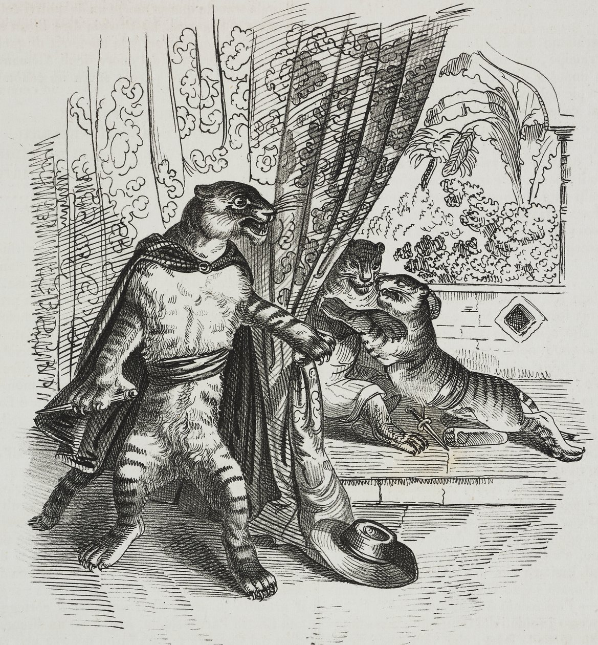 Tigre avança com adaga, caricatura de Jean-Jacques Grandville (1803-1847), litografia de Gaetano Riccio da Poliorama Pittoresco, n 39, 7 de maio de Grandville