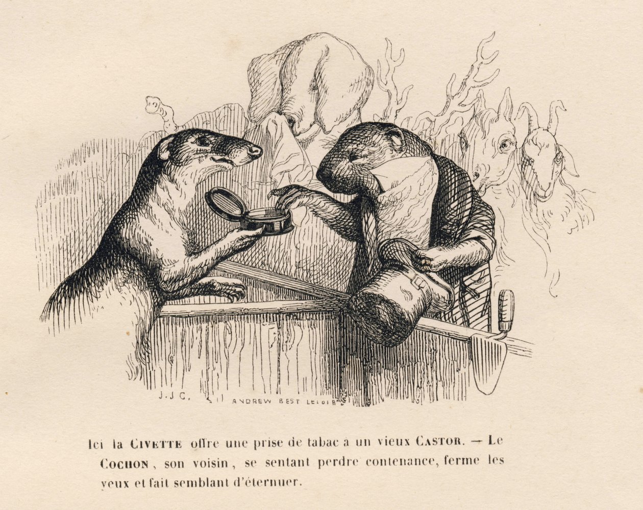 Um civet oferece uma ficha de tabaco a um velho castor, o porco atrás dele tenta se conter. Vinhetas ilustradas por JJ Granville. Gravura assinada por Andrew Best e Leloir no prólogo intitulado "Resumo Parlamentar" escrito por PJ Stahl em "Cenas de Grandville