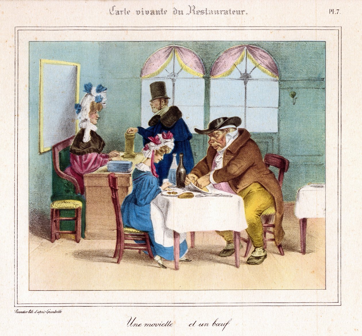 O Cartão de Vida do Restaurante: Um fracote e um bife. 1831-32 (litografia) de Grandville