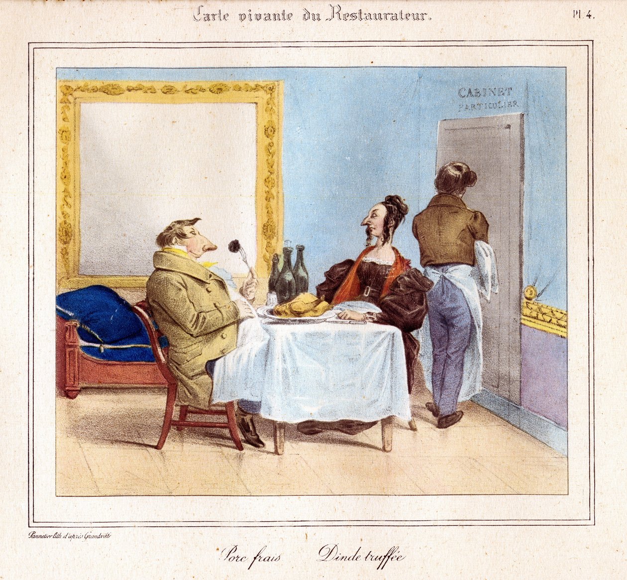 O Cartão de Vida do Restaurante: Carne fresca de porco e peru truffee. 1831-32 (litografia) de Grandville