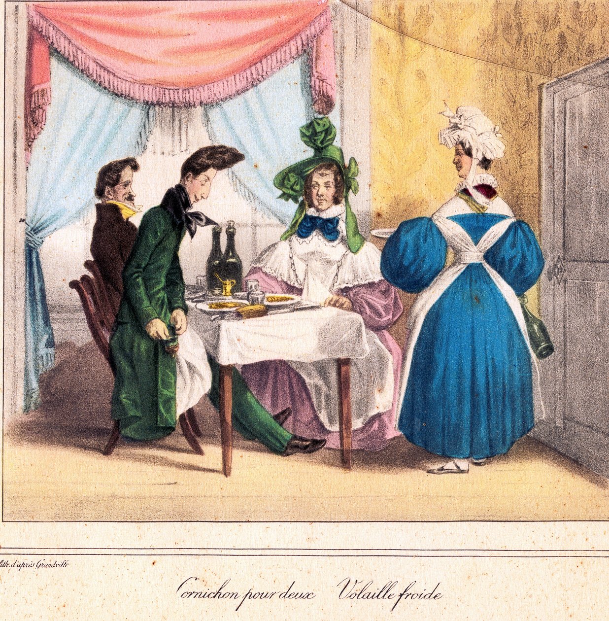 O Cartão de Vida do Restaurante: Picles para dois, frango frio 1831-32 (litografia) de Grandville