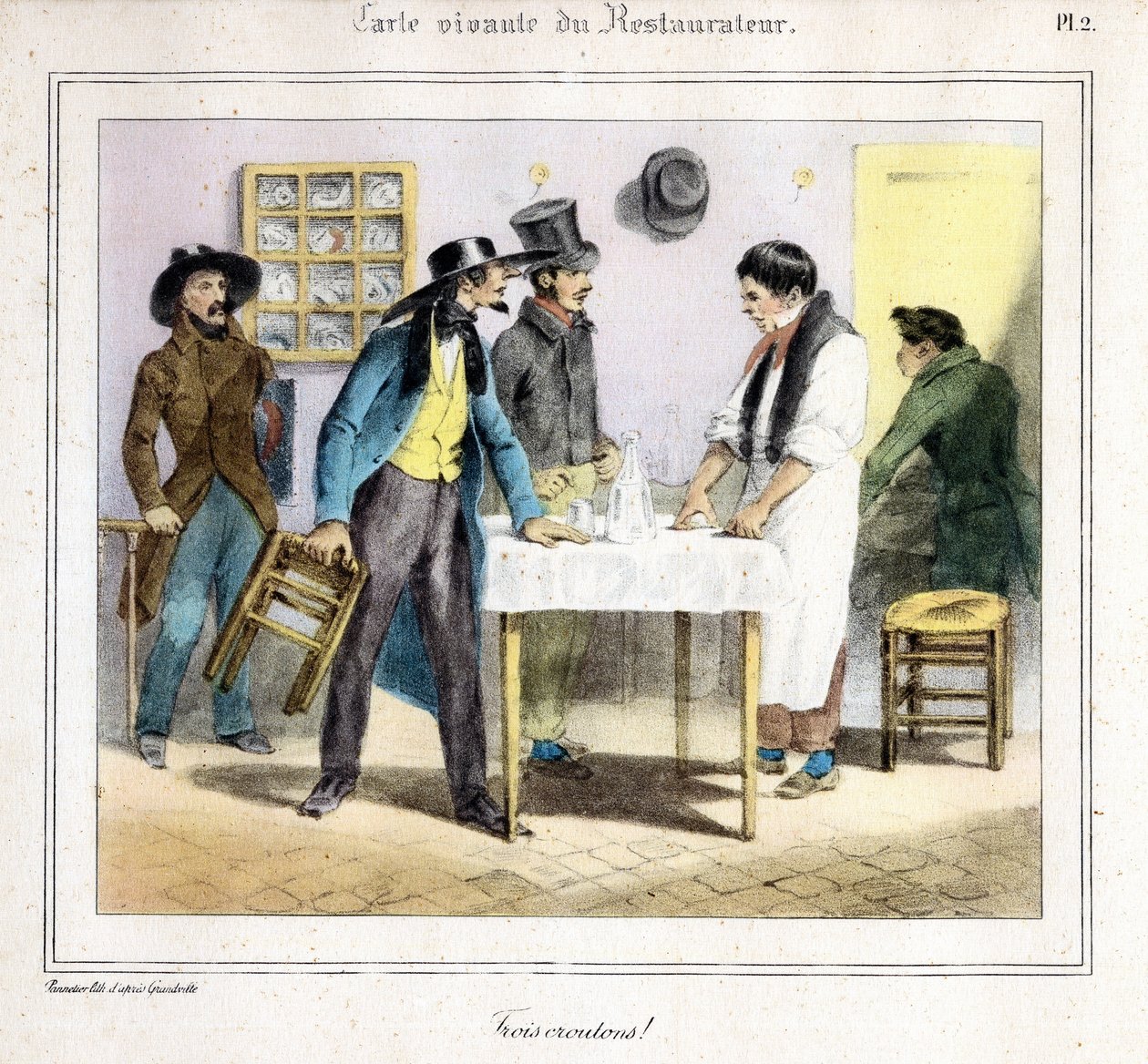 O Cartão de Vida do Restaurante: Três croutons! 1831-32 (litografia) de Grandville