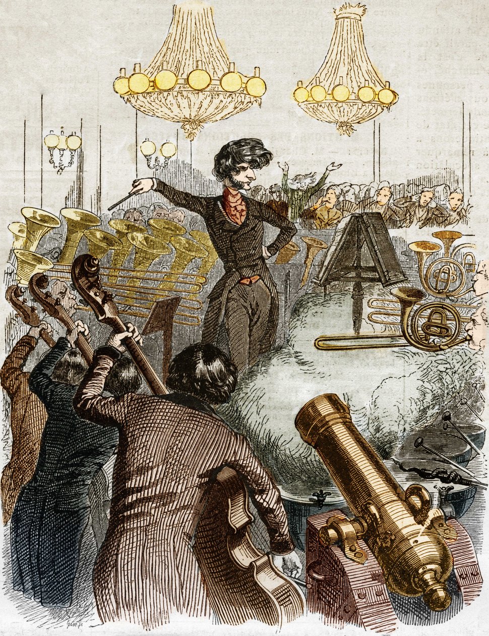 Um concerto tem uma metralhadora. Desenho animado de Hector Berlioz a dirigir uma orquestra. Em "Jerome Paturot em busca de uma posição social" ilustrado por Grandville. de Grandville