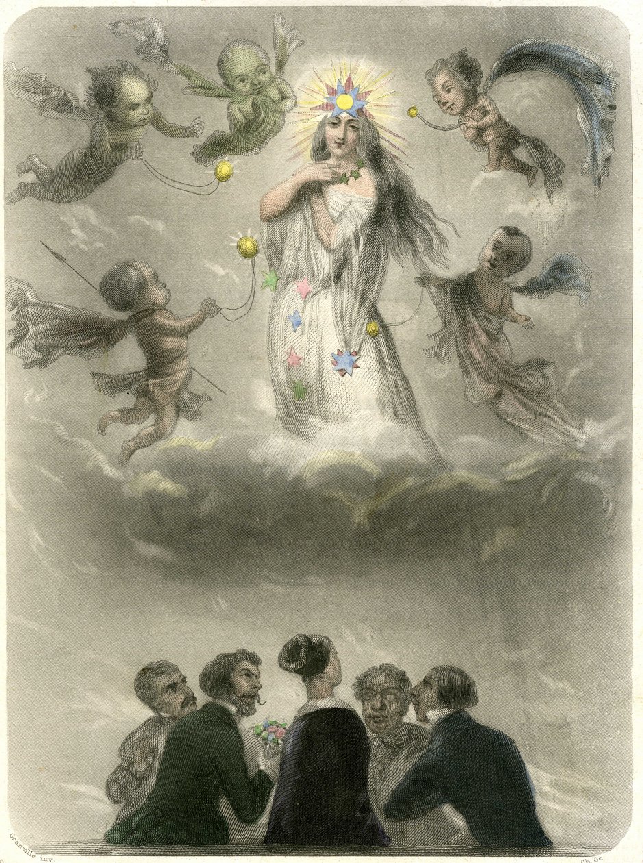 Alegoria de uma jovem rodeada por 4 signos, que se compara a um planeta em torno do qual gravitam quatro satélites, um dos quais se tornará o seu sol. Gravura de Grandville ilustrando um capítulo do livro de Mery: "As Estrelas" de Grandville (1803 47)
