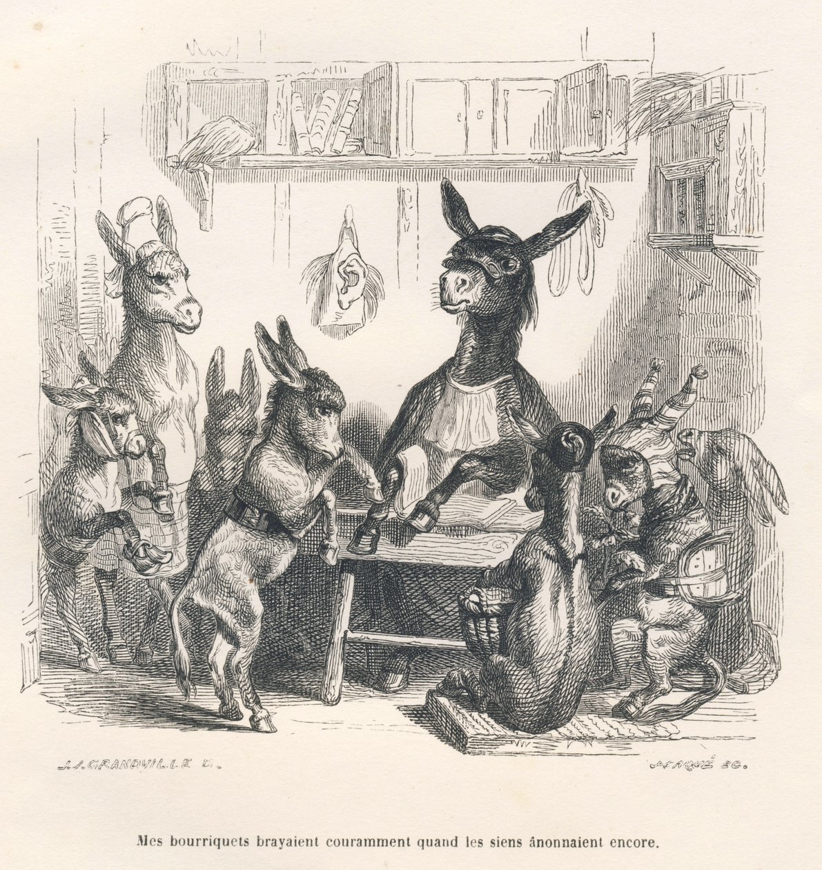 Burros na escola. Vinhetas ilustradas por JJ Granville. Gravura assinada Caque na parte intitulada "Guide-ane a l