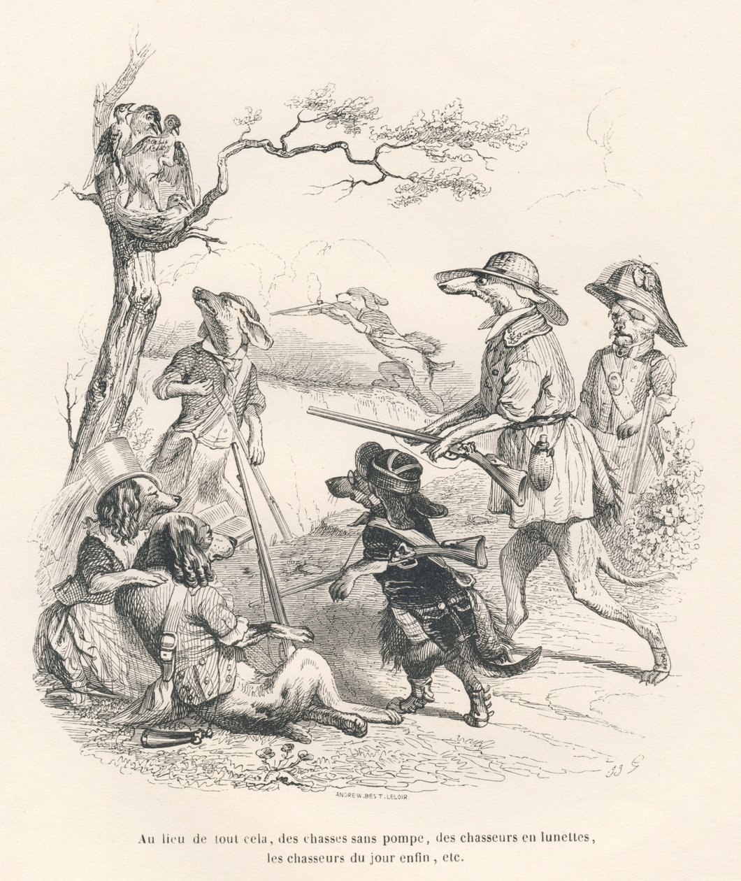 Animais como caçadores. Vinhetas ilustradas por JJ Granville. Gravura assinada por Andrew, Best e Leloir na parte intitulada "Souvenirs d