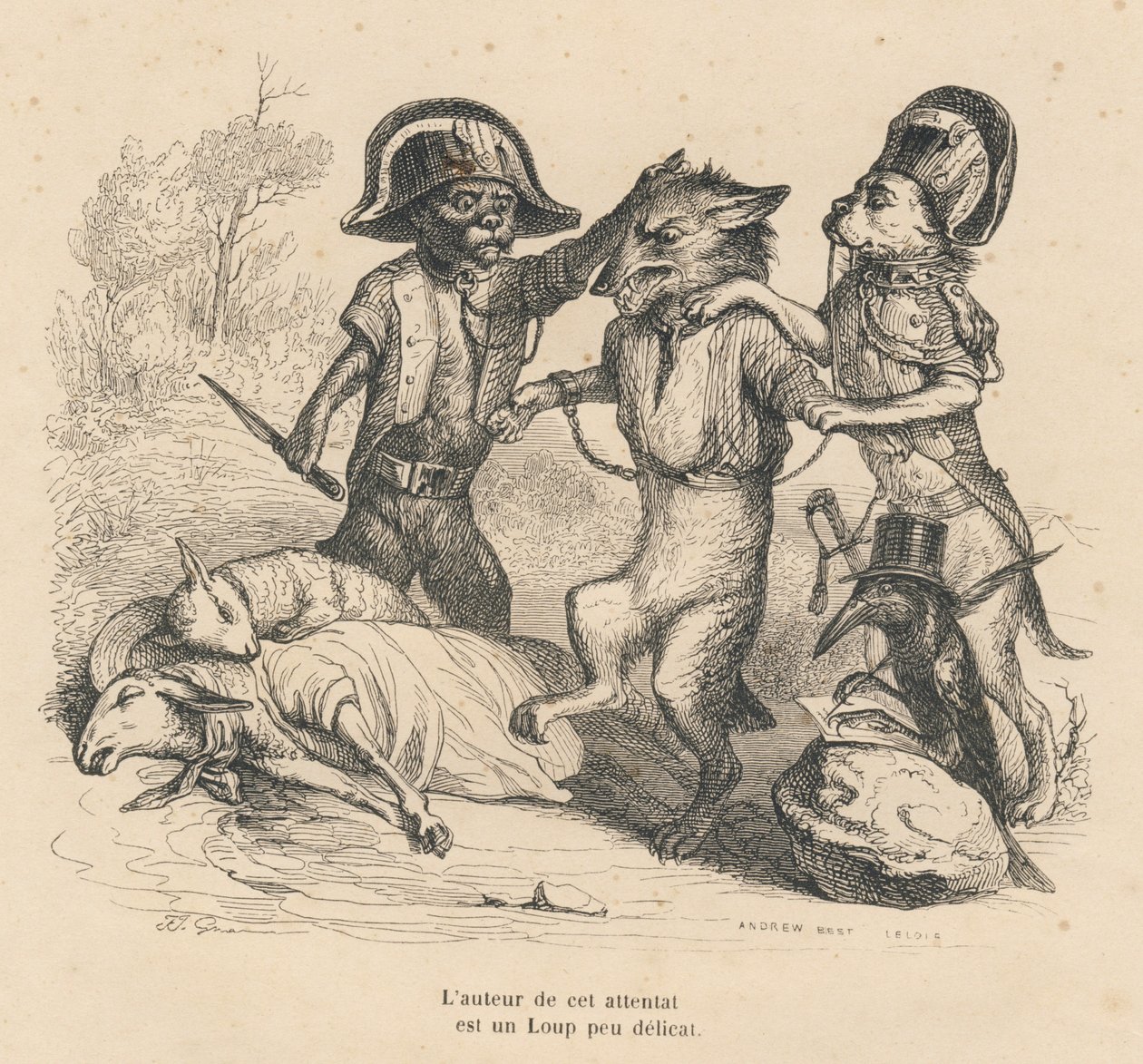 A prisão de um lobo que acabou de matar duas ovelhas. Vinhetas ilustradas por JJ Granville. Gravura assinada por Andrew, Best e Leloir na parte intitulada "Cour criminelle de justice animale", escrita por Emile de La Bedolliere em "Scenes de la vie privee  de Grandville