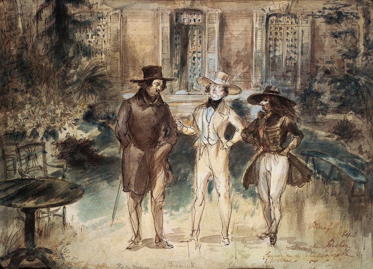 Caricatura de Honore de Balzac, Frederick Lemaitre e Theophile Gautier de Gerard Granville de Grandville