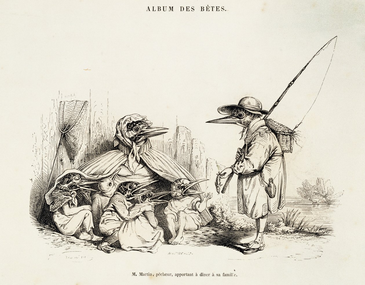 Caricatura de aves do Album des betes de Jean-Ignace-Isidore Gerard, conhecido pelo pseudônimo Jean-Jacques ou J. J. Grandville (1803-1847), e Wilhelm von Kaulbach (1805-1874), Paris de Grandville