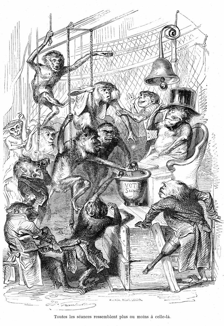 Desenho animado: La Chambre des Deputes vue comme un Palais des Monpes - Gravura de Grandville, extraída do livro "Vida privada e pública dos animais (Les animaux painted pa them memes)", edição Hetzel 1867 p. 566 - Capítulo intitulado "Tábuas da Gira de Grandville (1803 47)
