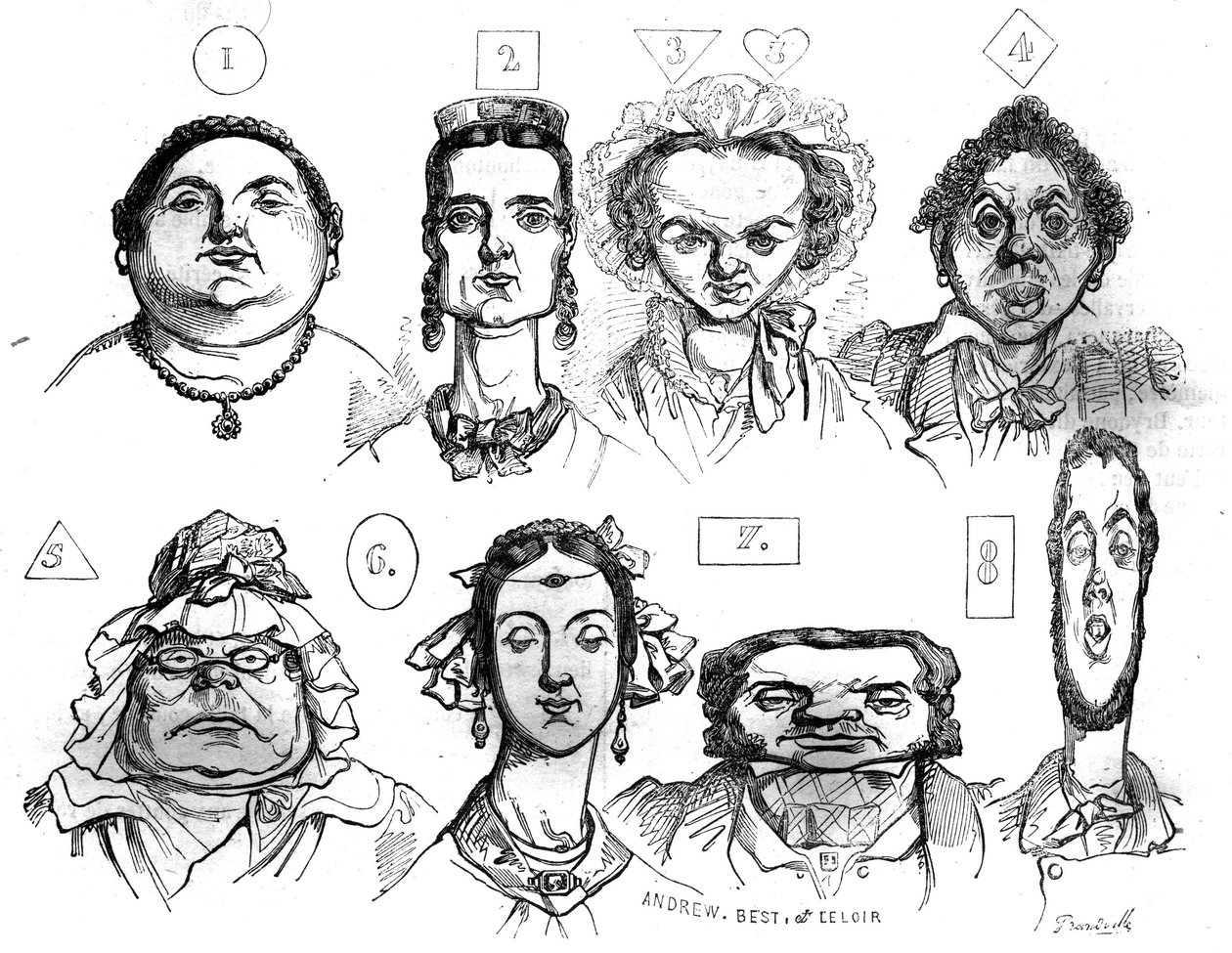 Desenhos animados ilustrando as diferentes formas de rosto, expressões, associando-as com características morais distintas por Jean Ignace Isidore Gerard Grandville (1803 -1847). Em "A pitoresca loja" 1835 de Grandville