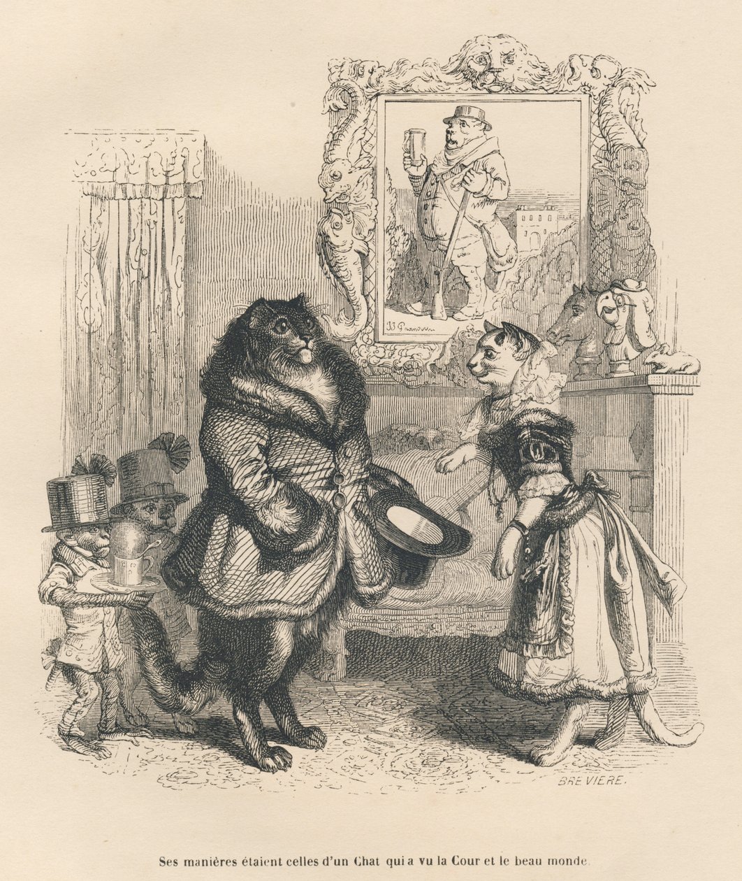 Gato da corte a cumprimentar um gato jovem. Vinhetas ilustradas por JJ Granville. Gravura assinada por Breviere na parte intitulada "Peines de cour d